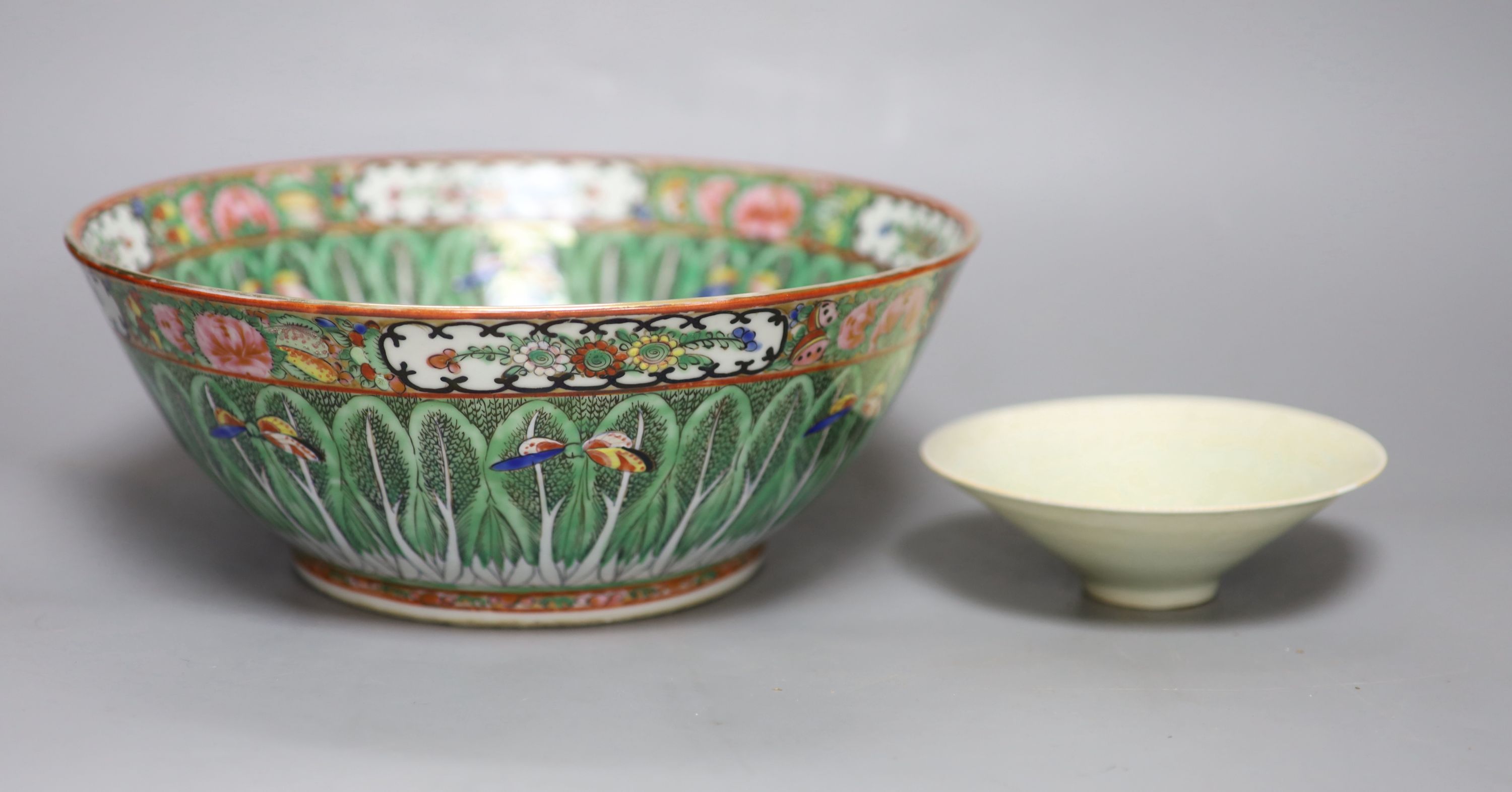 A Cantonese punch bowl together with a Qingbai style bowl, largest diameter 28cm